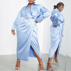 NWT ASOS EDITION Curve split drape satin shirt dress in dusky blue, Size 18